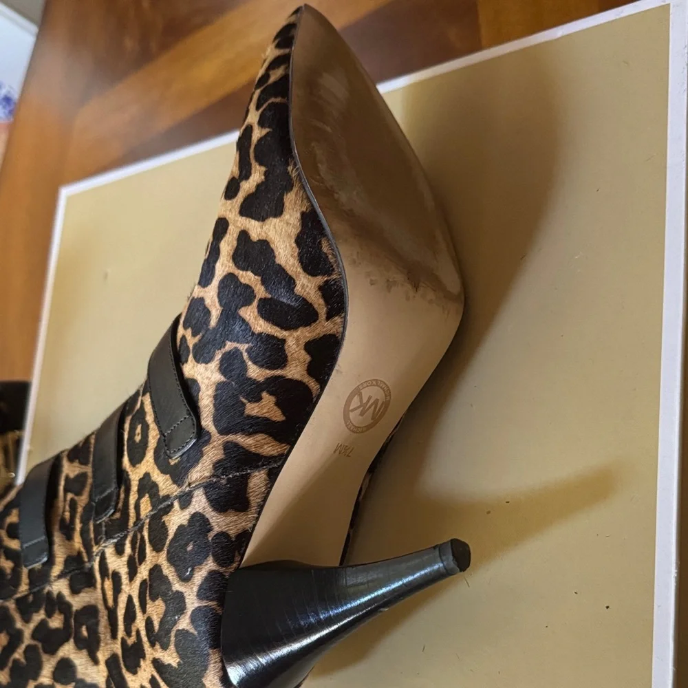 Michael Kors Leather Black and Brown Leopard Heeled Boots